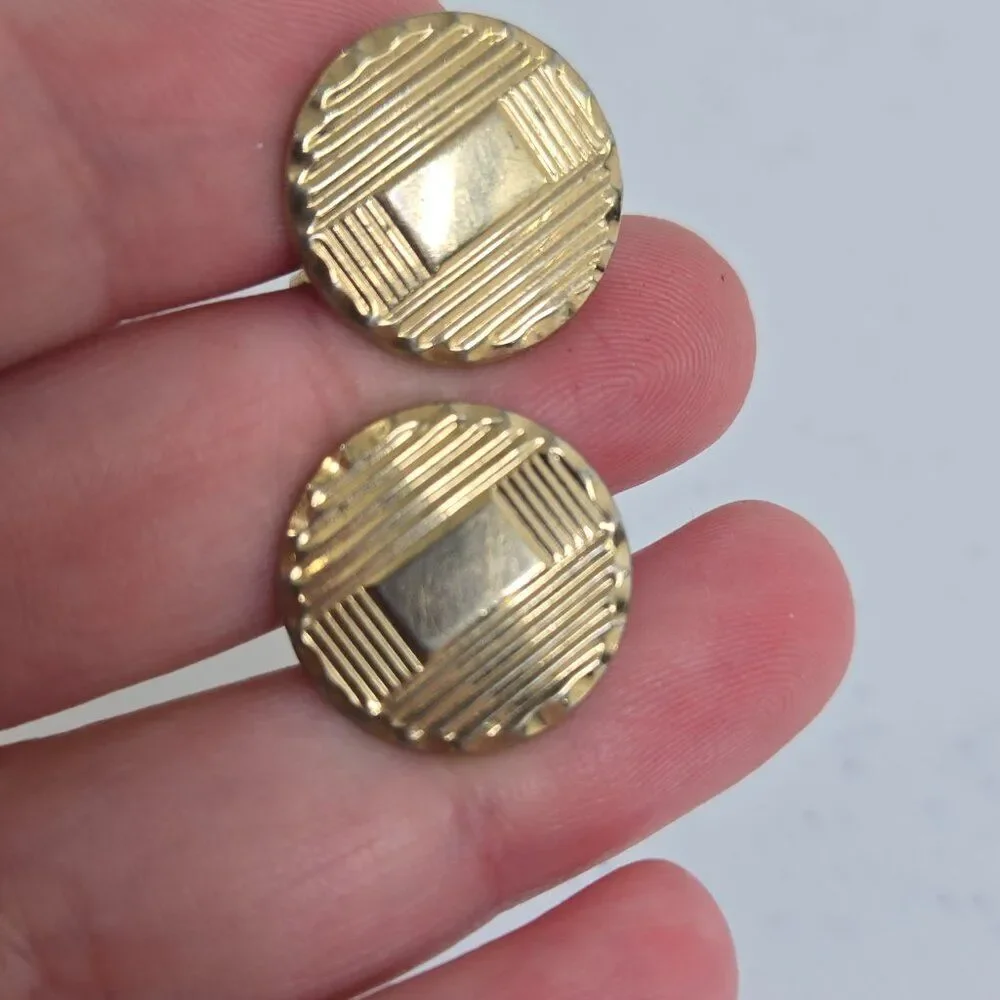 Cufflinks Gold Tone Vintage MCM Geometric Circle Stripe Art Deco Style